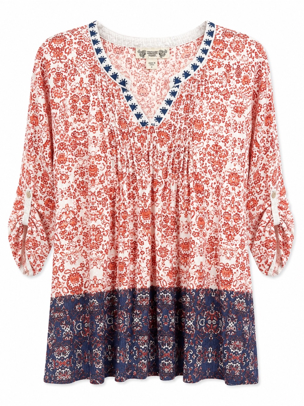 Vintage America Blues Boho Floral Peasant Tunic Top with Navy Border